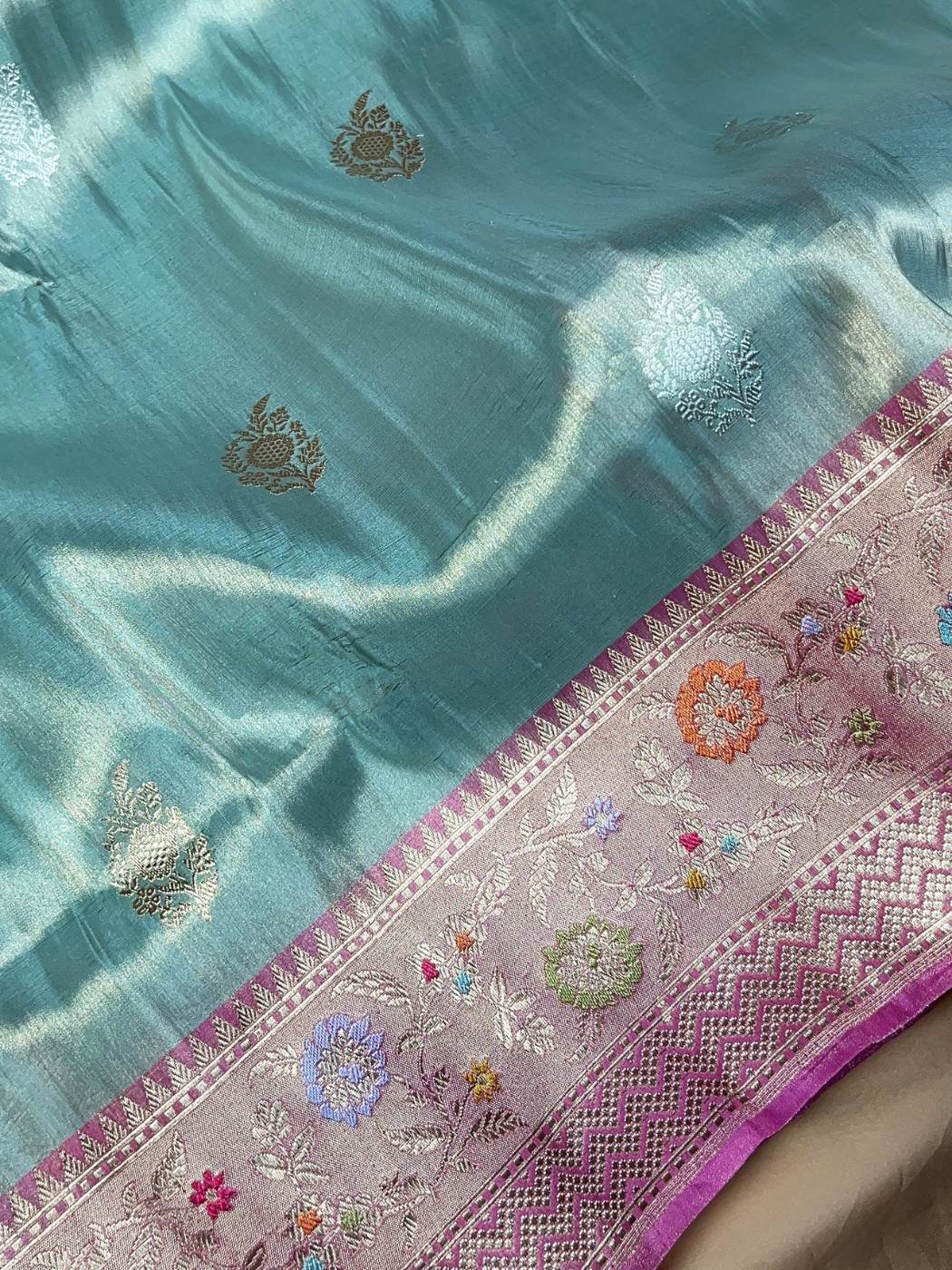 Aqua Blue Katan Silk Saree with floral closeup view 03