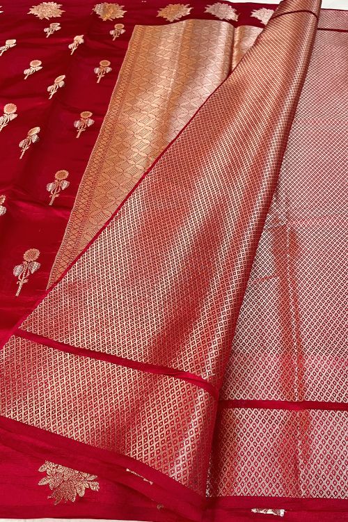 Cherry Red Raw Mango Silk Saree with floral buti, brocade aachal, floral border, and unstitched brocade blouse