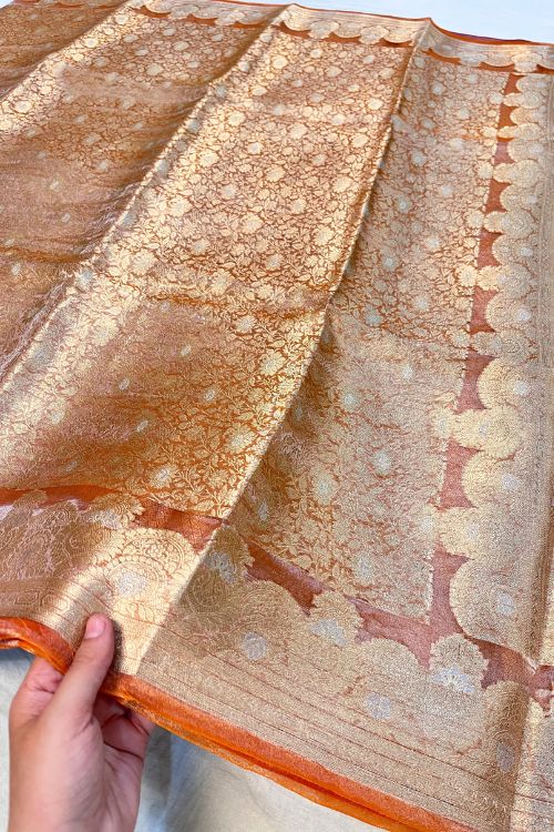 Orange Brocade Tissue Silk Saree from Mantavya Banaras with Traditional Weave