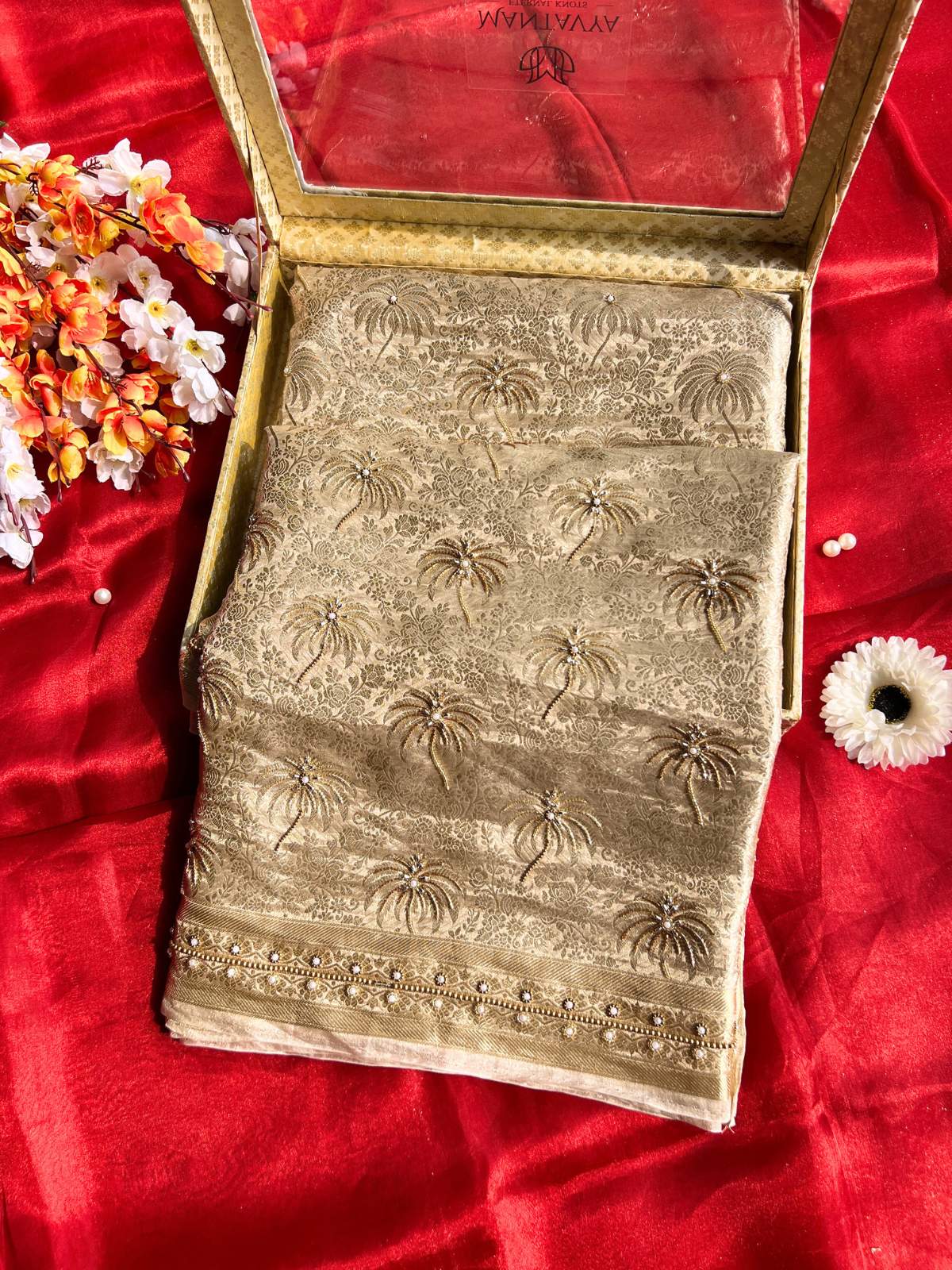Champagne Gold Brocade Tissue Silk Saree with Silver Zari Work Showcase