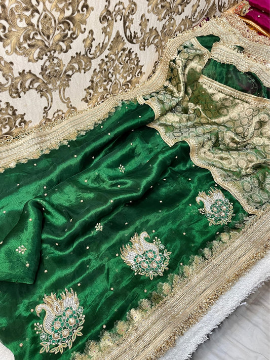 Emerald Green Banarasi Tissue Silk Saree with Swan Motif and Gota Patti Border