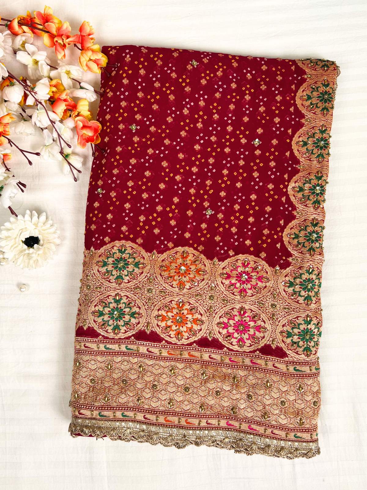Maroon Bandhej Saree Front view
