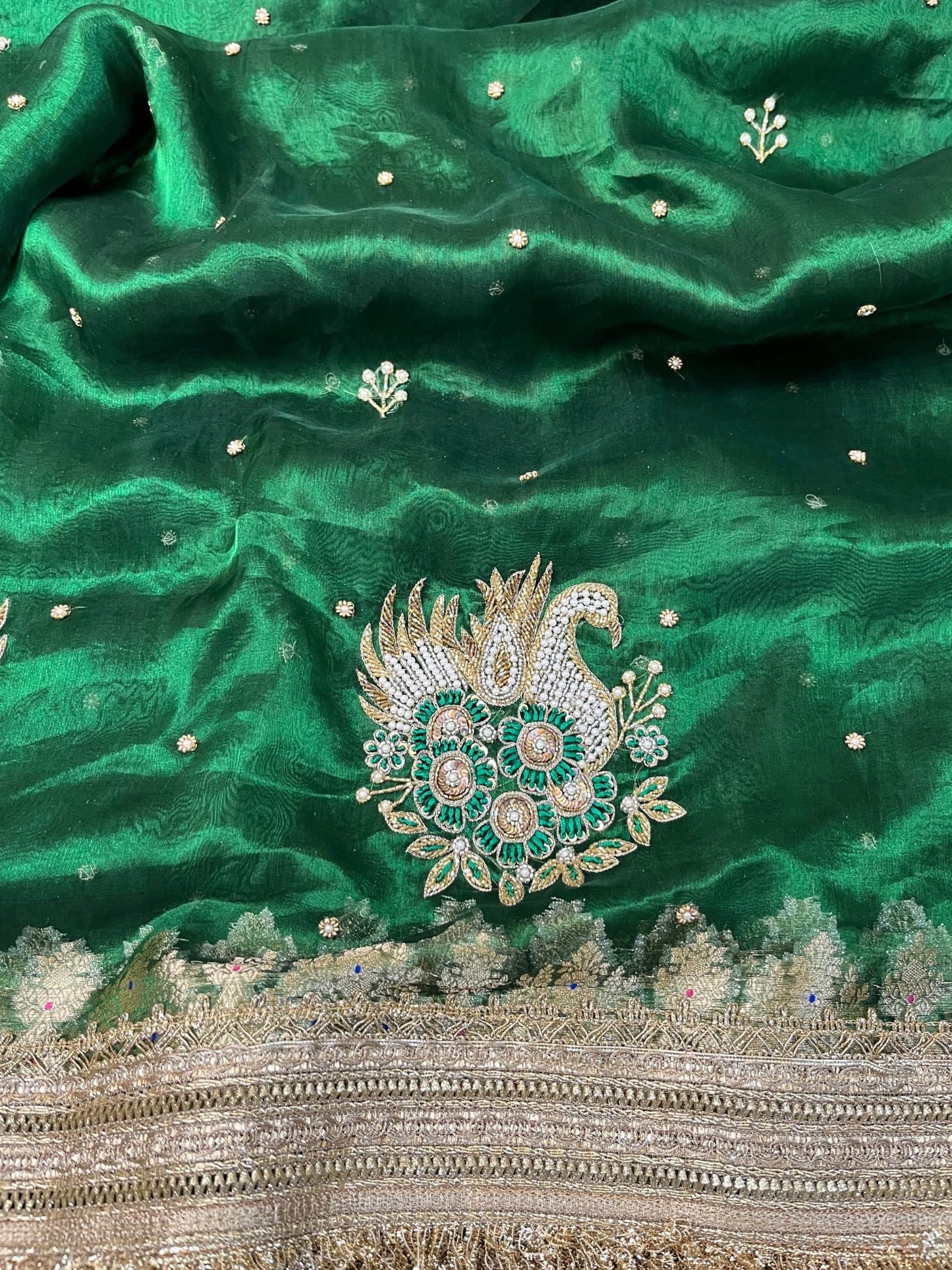 Emerald Green Banarasi Tissue Silk Saree with Swan Motif and Gota Patti Border
