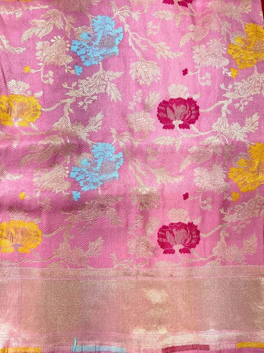 Baby Pink Katan Silk with flora closeup view