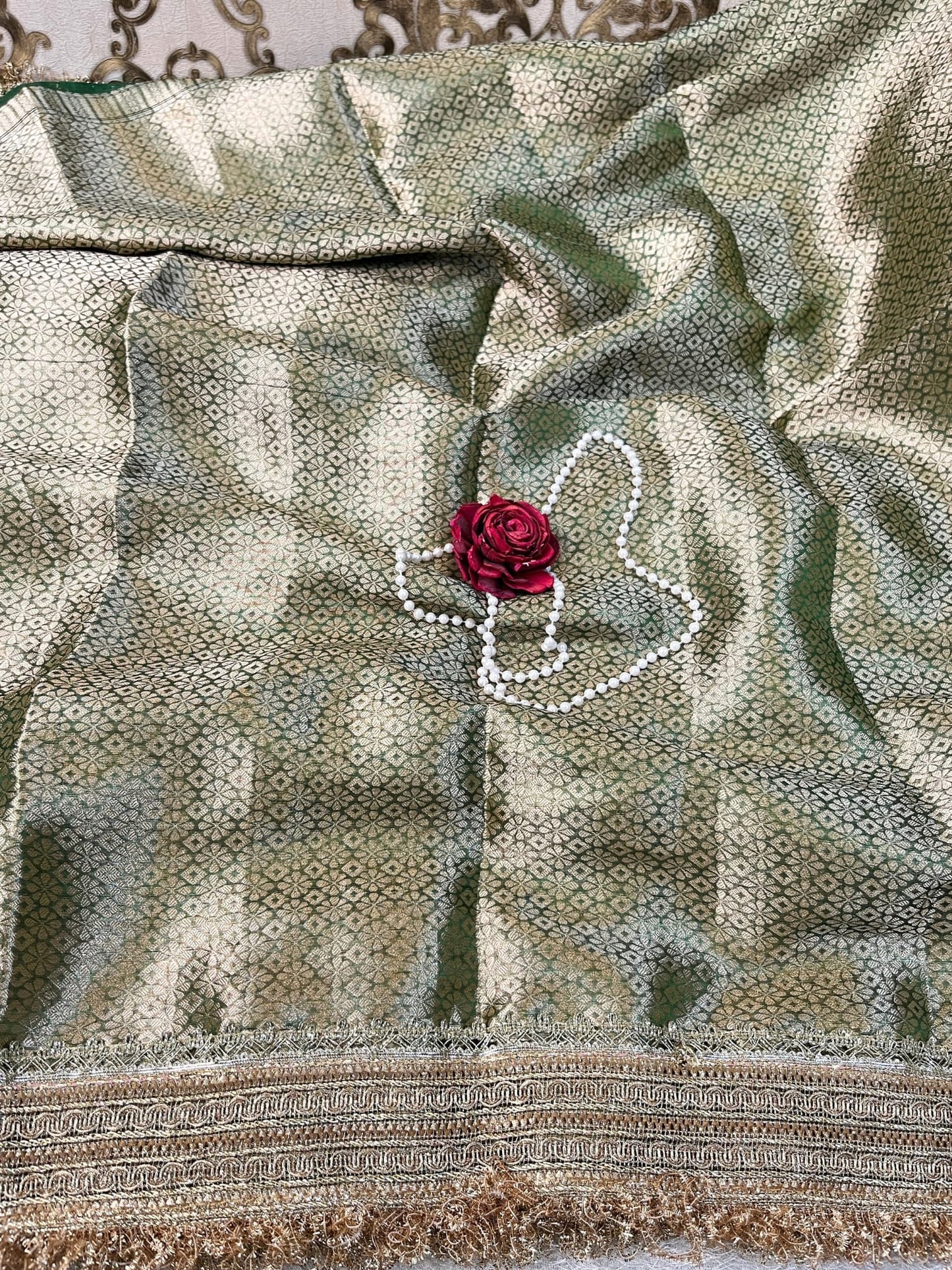 Emerald Green Banarasi Tissue Silk Saree with Swan Motif and Gota Patti Border