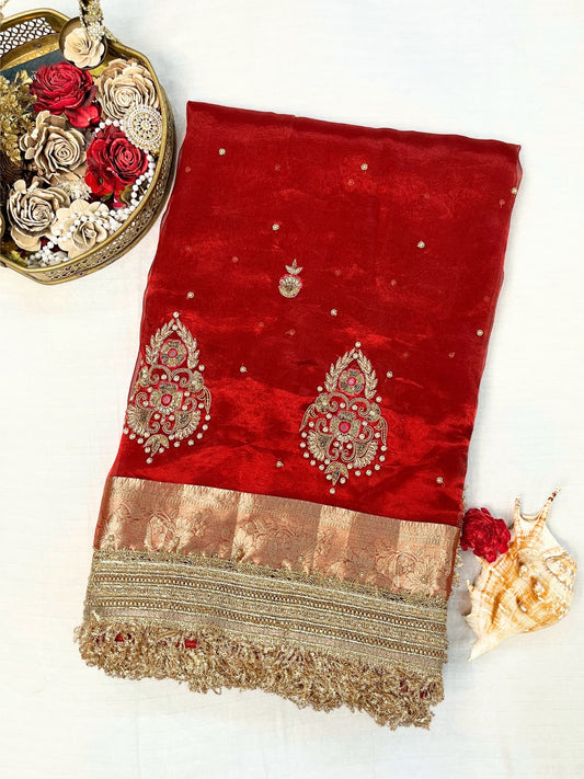 Beautiful Red Banarasi tissue silk saree with hand embroidery and woven buta