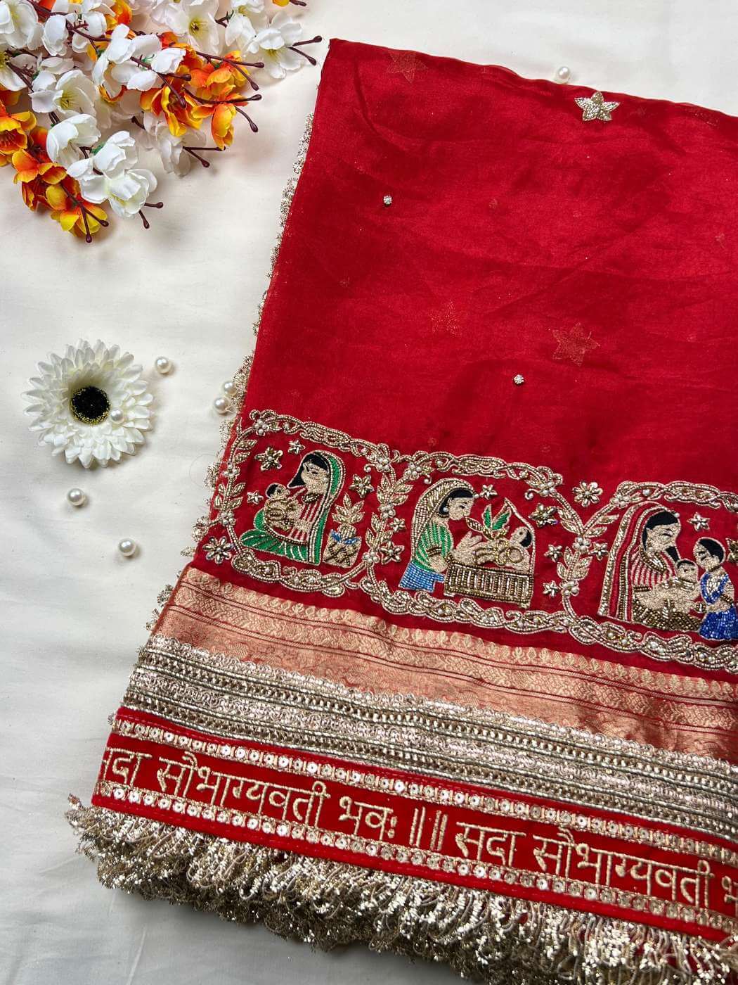 Royal Red Tissue Silk Godh Bharai With Hand Embroidered Baby Shower Front view