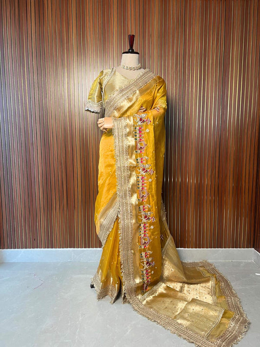 Yellow Banarasi Tissue silk saree Barat with hand embroidery dummy view