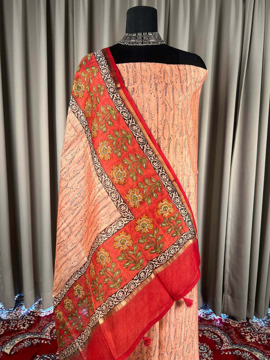 Peach Mul Chanderi Suit with floral and abstract hand block Closeup view