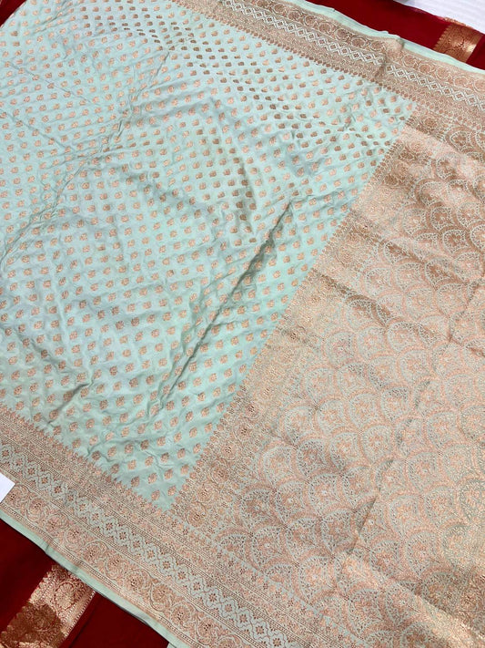 Pista Green Katan Silk Saree with floral and paisley full View