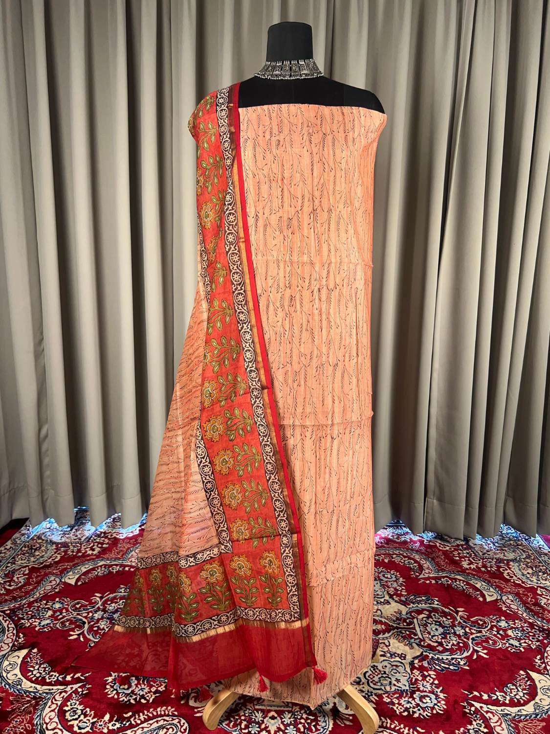 Peach Mul Chanderi Suit with floral and abstract hand block full view