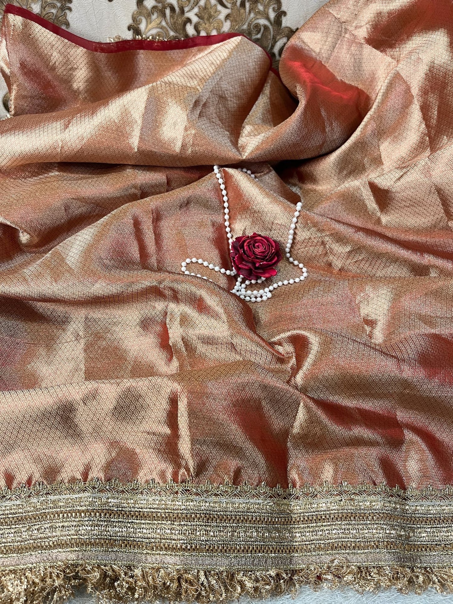 Beautiful Red Banarasi tissue silk saree with hand embroidery and woven buta