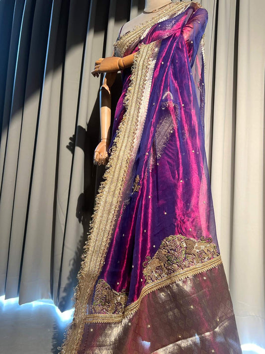 Purple Pure Banarasi Tissue Silk Saree Dhoop-Chav Sherbagh with Hand Embroidered Sher dummy view 01