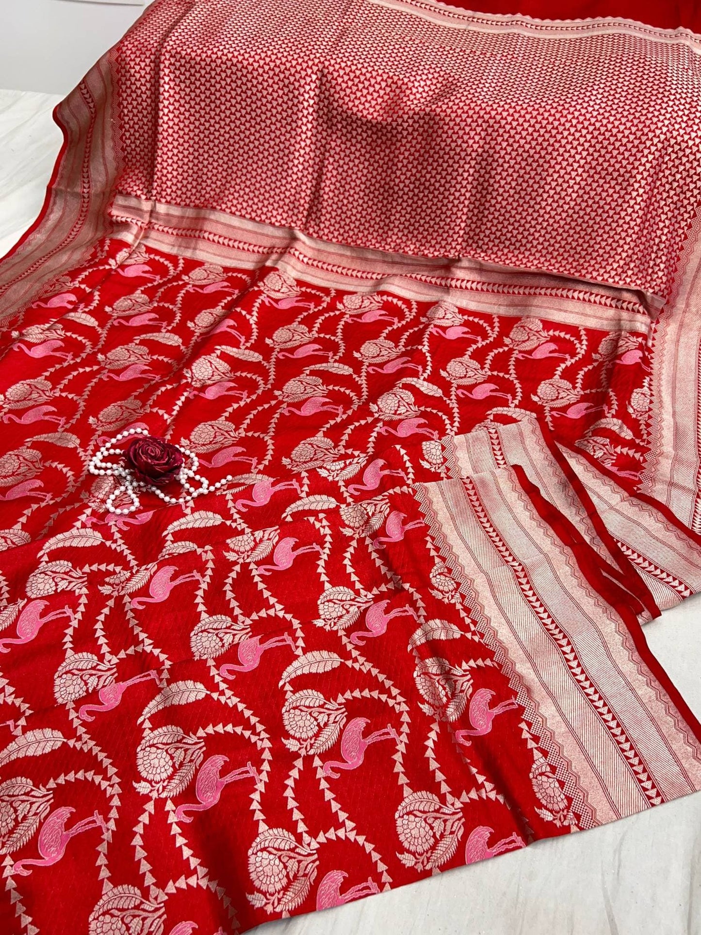 “Red Katan Silk saree with traditional Banarasi weaving for weddings and festivals”