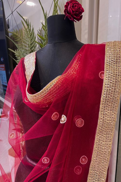 Red Hand Embroidered Tissue Silk Dupatta