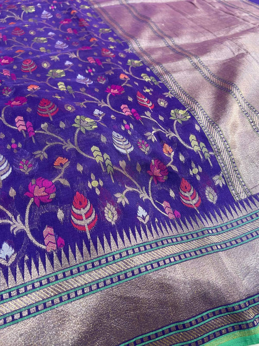 Purple Cotton Jamdani Saree with multicolor floral closeup view