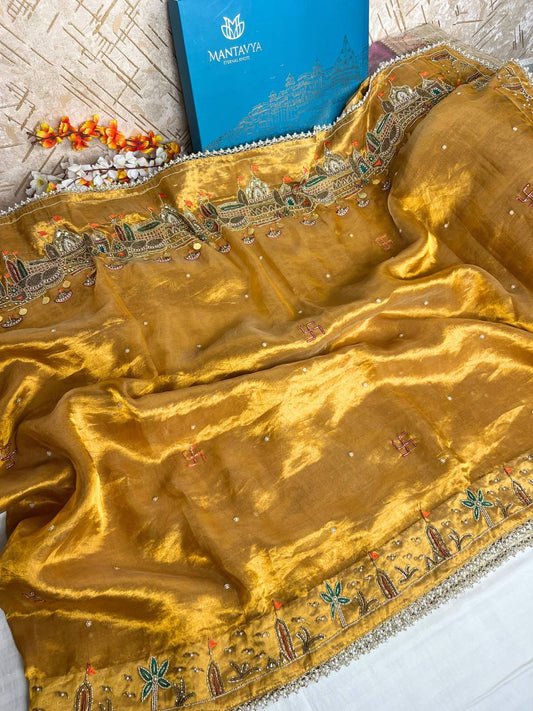 Biscuit Gold Tissue Silk Saree with Ganga Ghat Hand Embroidery full view