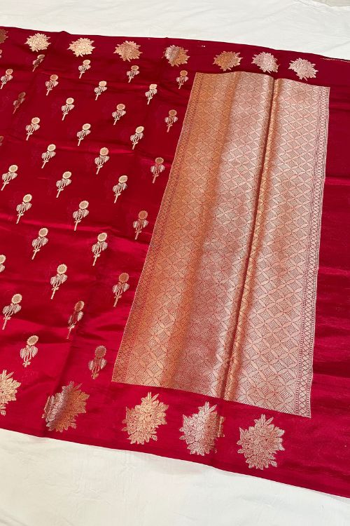 Cherry Red Raw Mango Silk Saree with floral buti, brocade aachal, floral border, and unstitched brocade blouse