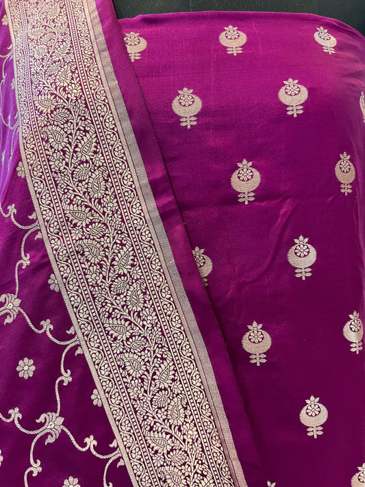 Unstitched Purple Banarasi Katan Silk Suit Set with Zari Buti and Brocade Border