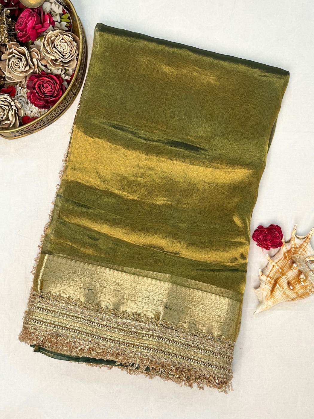 Maharani Green Tissue Silk Saree front view
