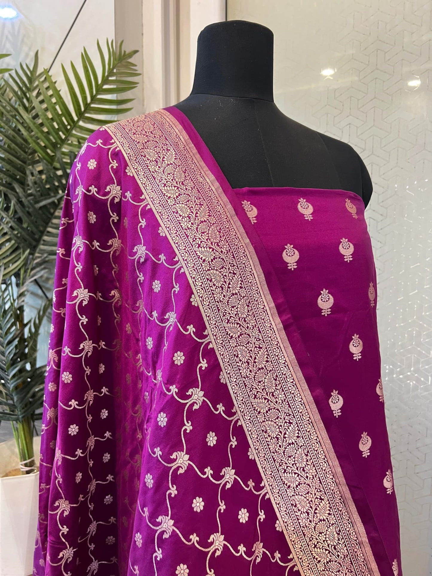Unstitched Purple Banarasi Katan Silk Suit Set with Zari Buti and Brocade Border