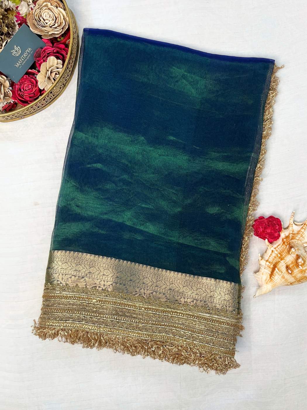 Maharani Peacock Blue Tissue Silk Saree front view