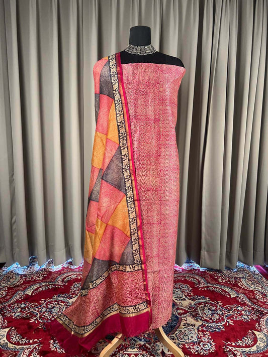 Pink Mul Chanderi Suit with floral and abstract hand block full view