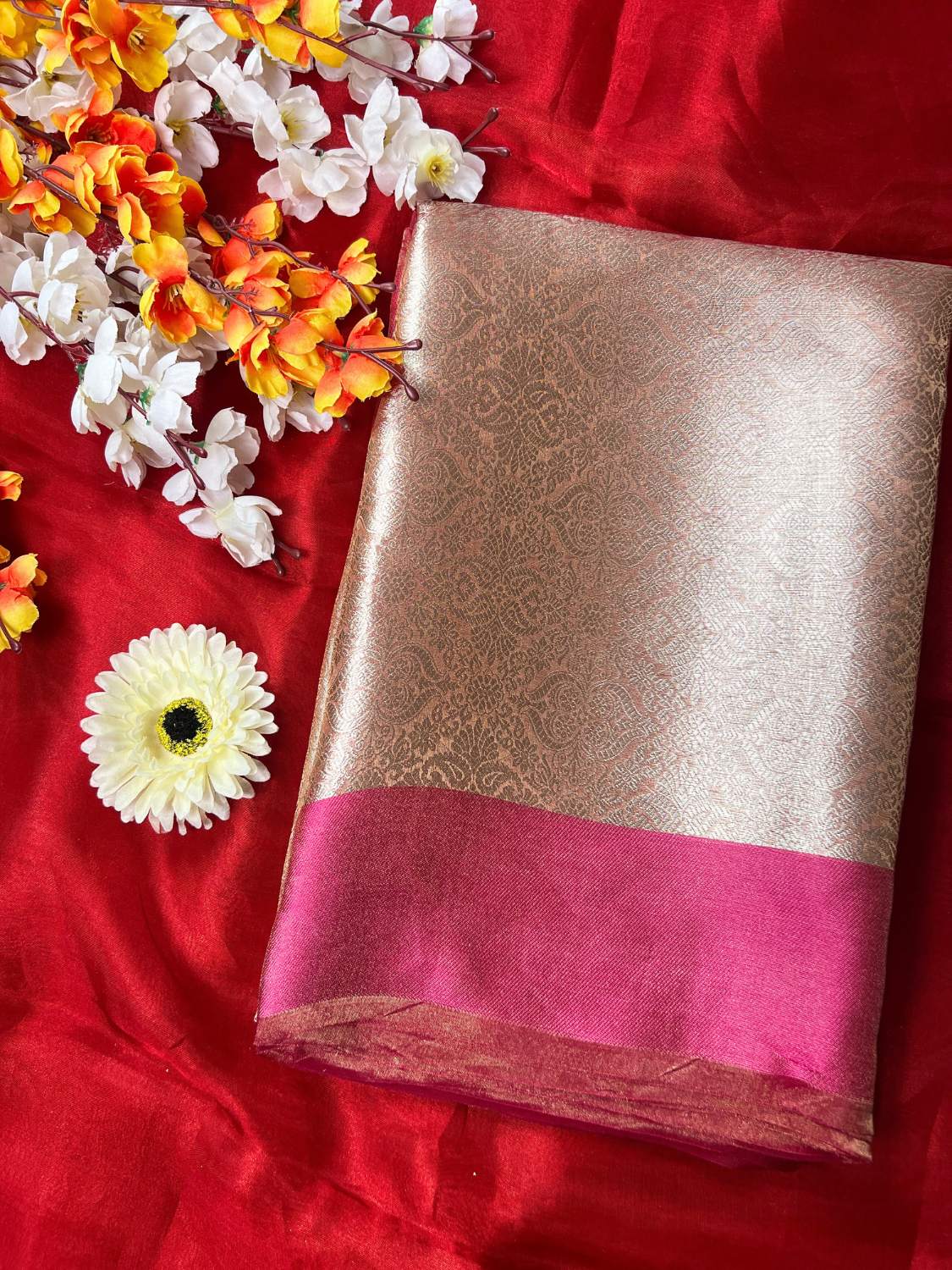 Pink Brocade Tissue Silk saree with zari work full view