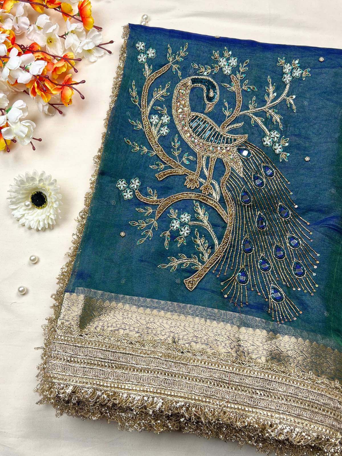 Peacock teal blue Tissue Silk Morni Banarasi silk saree with elegant peacock Front View