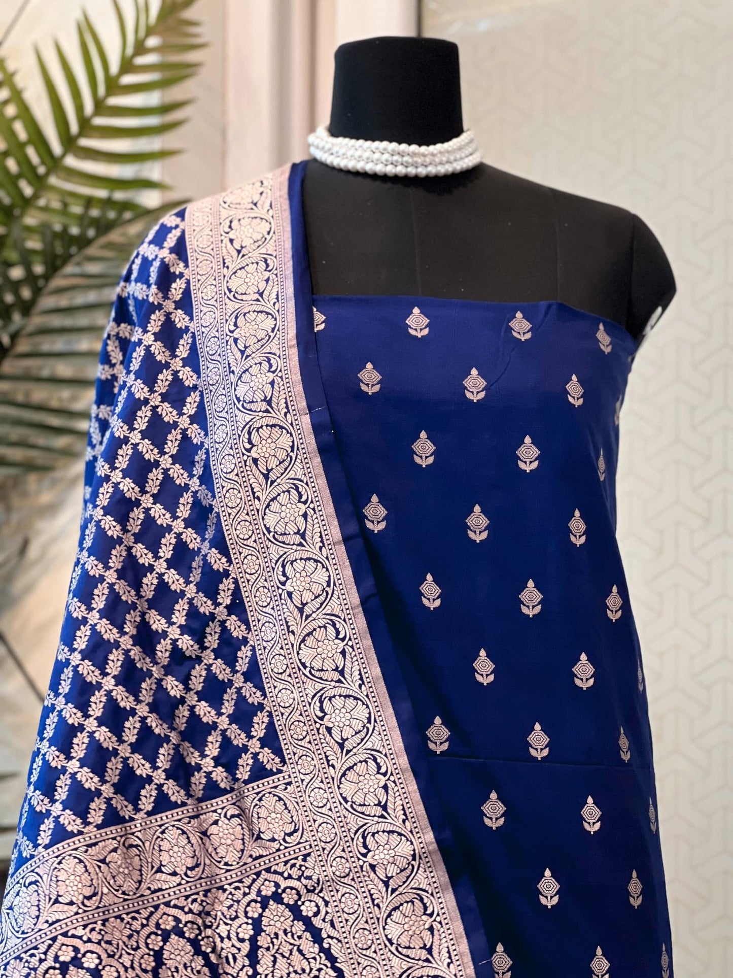 Unstitched Royal Blue Banarasi Katan Silk Suit Set with Zari Buti and Brocade Border