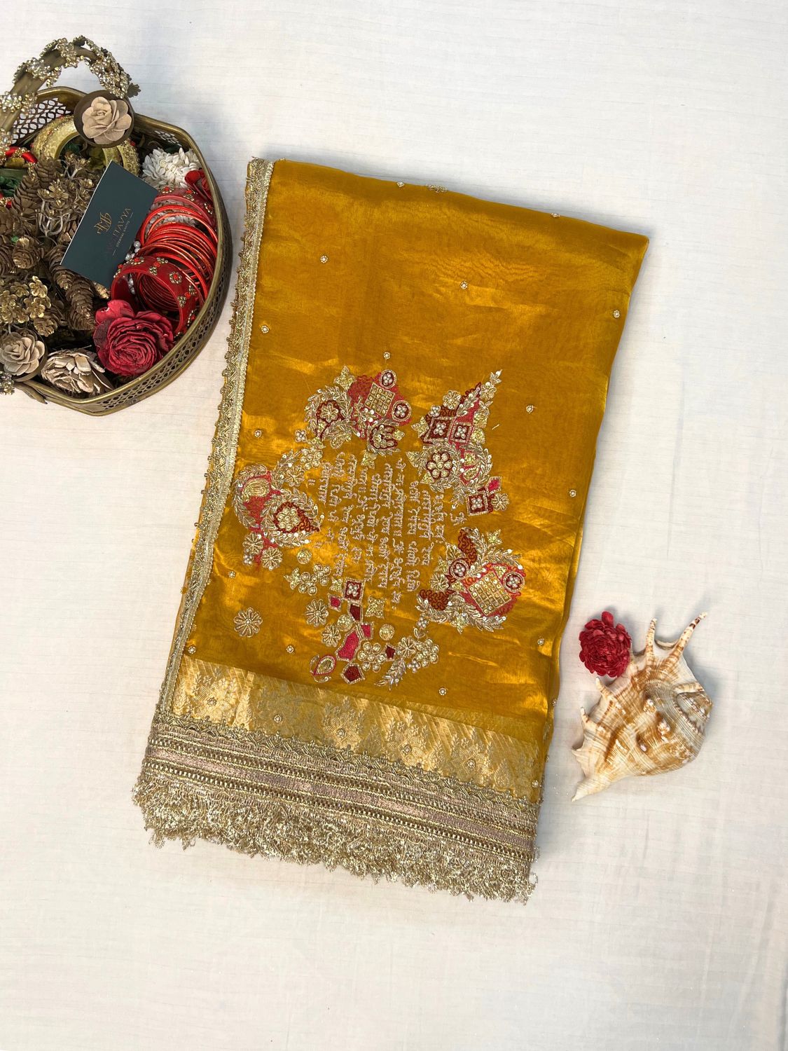 Yellow Gayatri Mantra Banarasi silk saree with traditional mantra motif