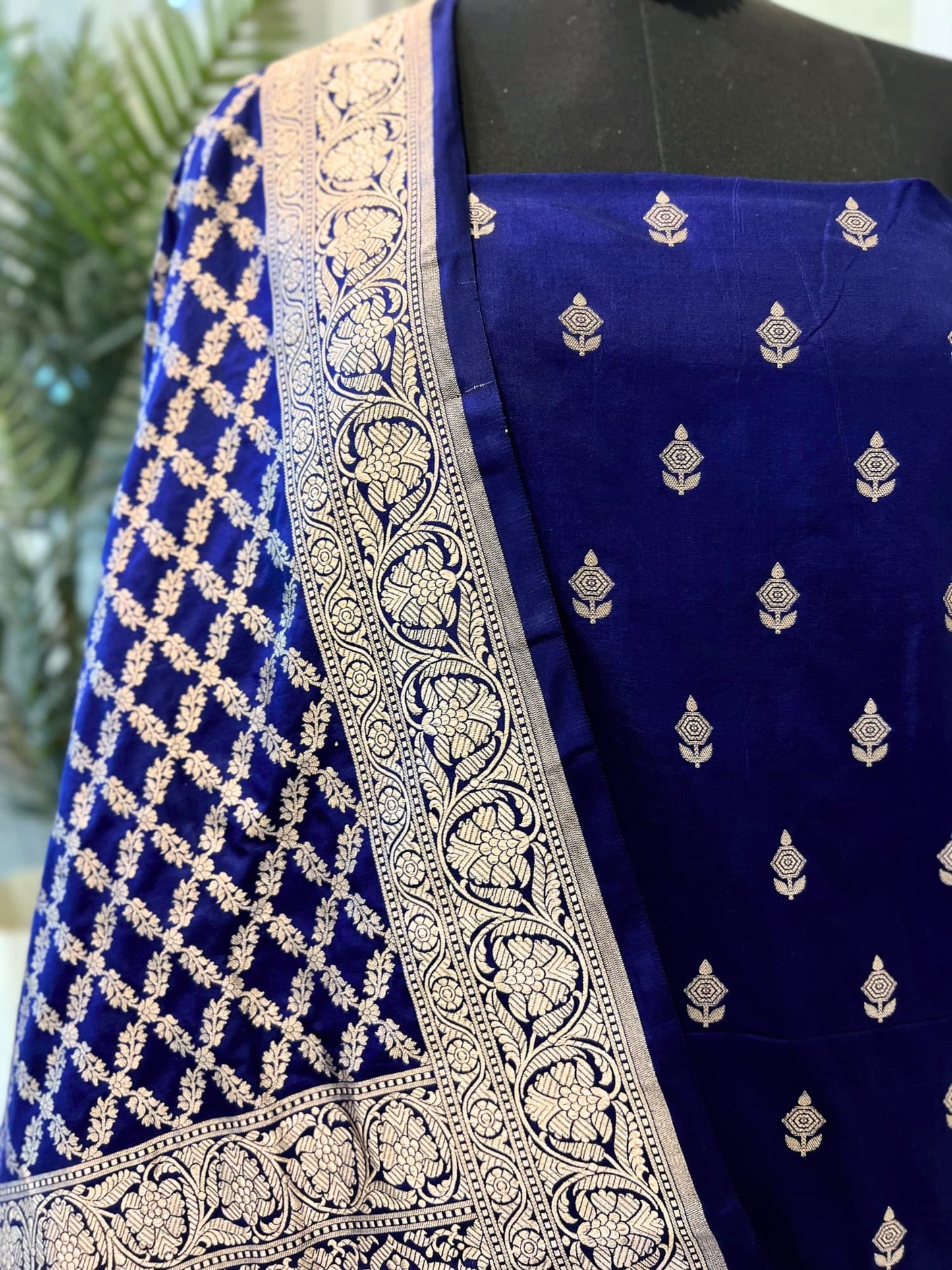 Unstitched Royal Blue Banarasi Katan Silk Suit Set with Zari Buti and Brocade Border