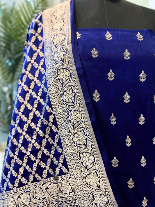 Unstitched Royal Blue Banarasi Katan Silk Suit Set with Zari Buti and Brocade Border