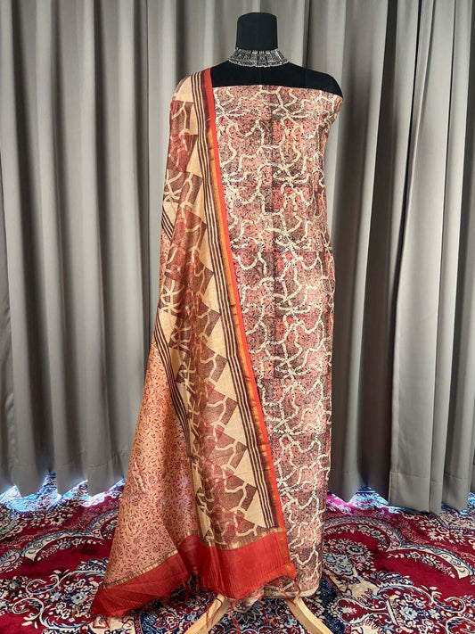 Red Mul Chanderi Suit with floral and abstract hand block print full view
