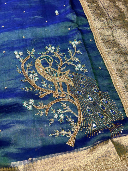 Peacock teal blue Tissue Silk Morni Banarasi silk saree with elegant peacock Closeup View