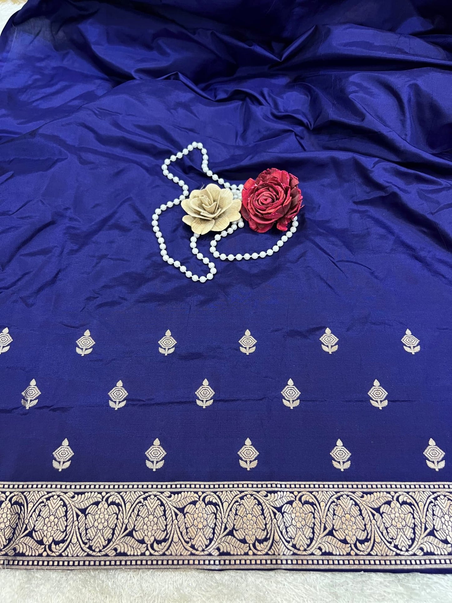 Unstitched Royal Blue Banarasi Katan Silk Suit Set with Zari Buti and Brocade Border