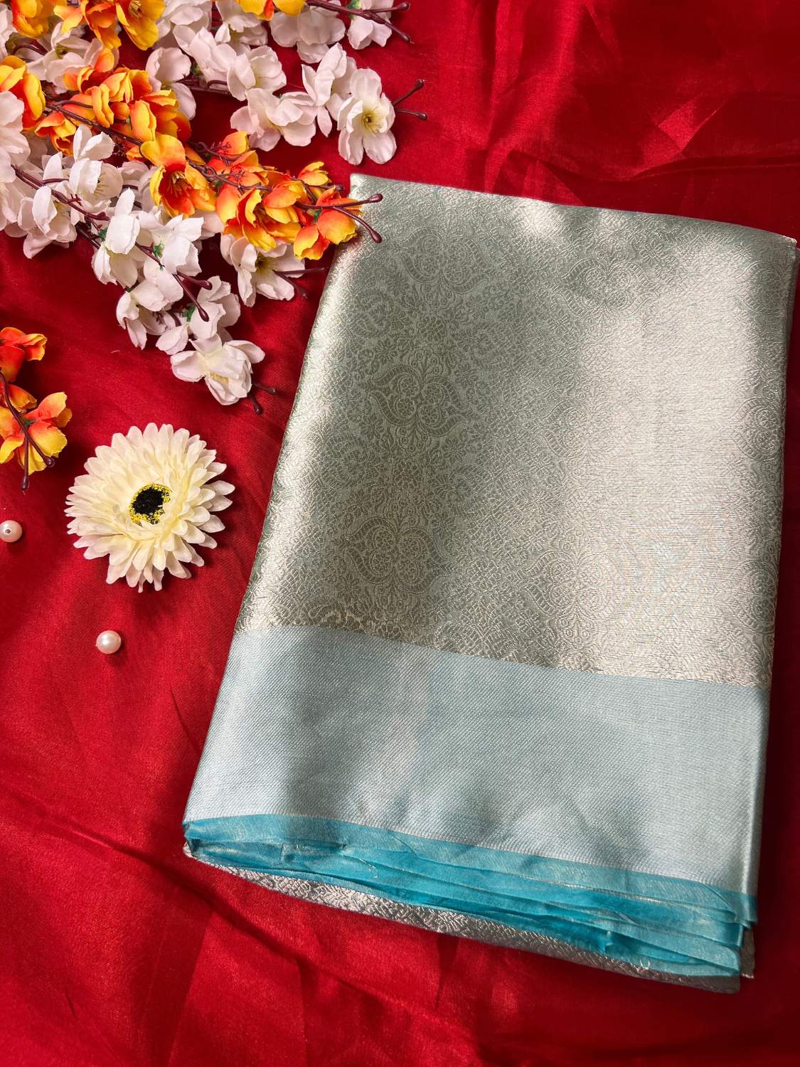 Pastel Blue Brocade Tissue Silk Saree with zari work front view