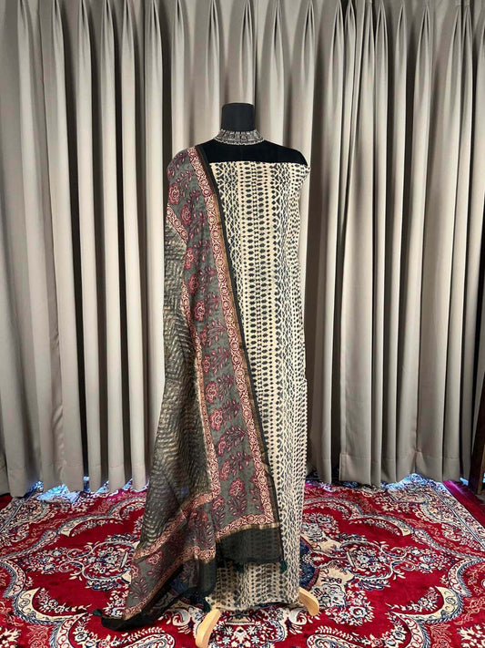 Teal Green Mul Chanderi Suit with floral and abstract hand block print closeup view 02