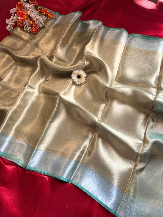 Pastel Blue Brocade Tissue Silk Saree with zari work full view