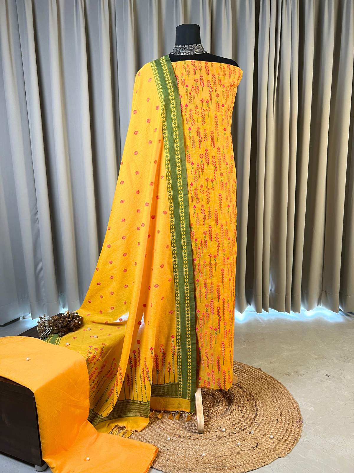 Yellow Cotton Silk Suit with floral vine prints full view