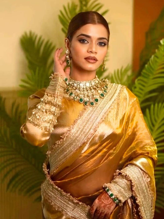 Handwoven Mehndi Green Tissue Silk Saree with Gota Patti