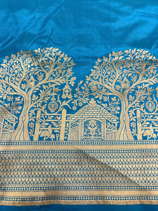 Blue Katan Silk Saree with scenic closeup view