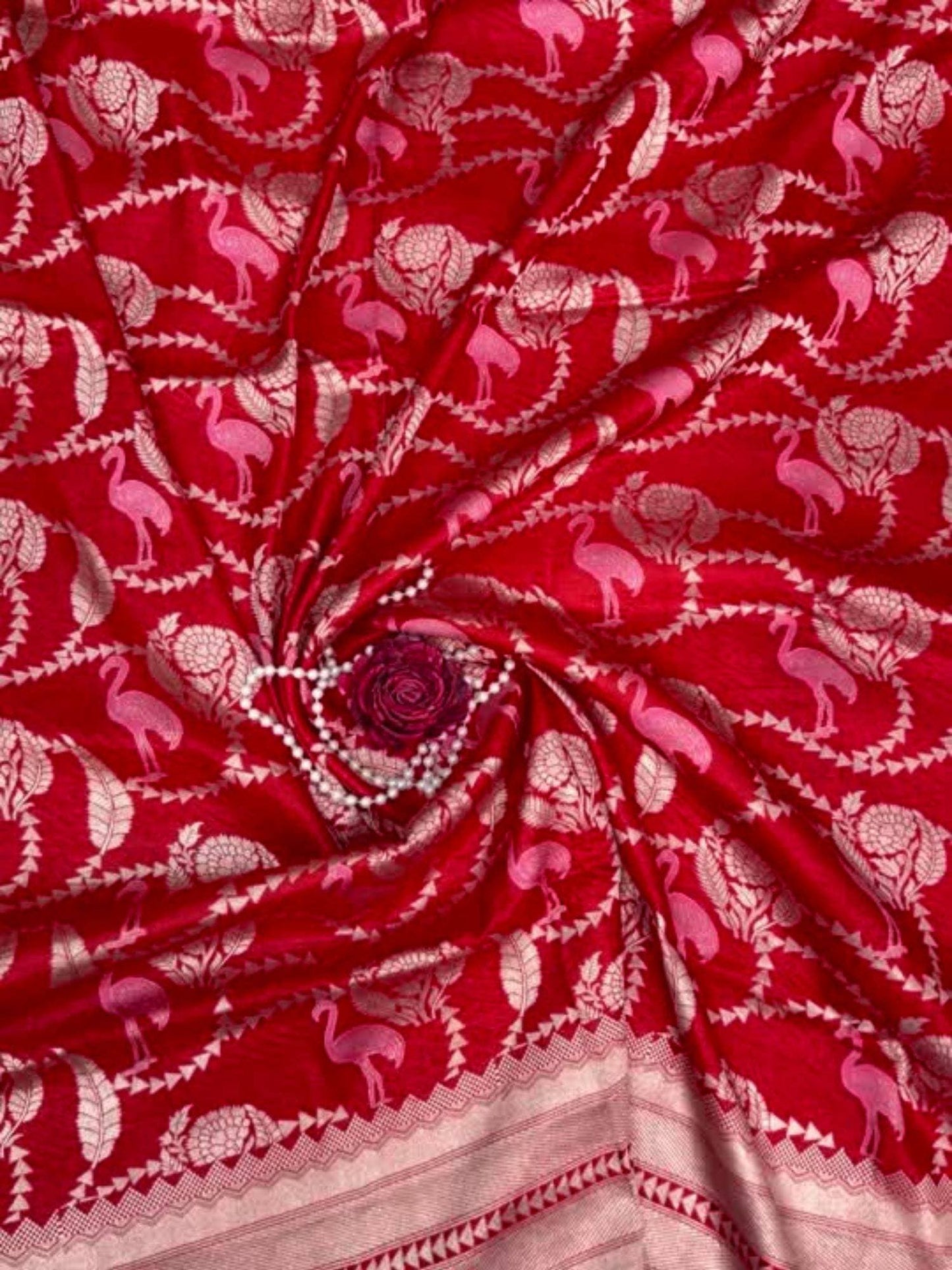 “Red Katan Silk blouse with traditional Banarasi weaving for weddings and festivals”