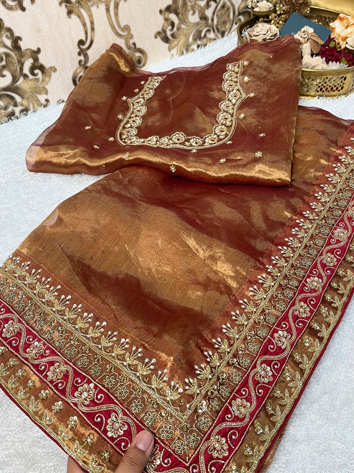 Hand Embroidered Copper Brown Banarasi Tissue Silk Saree with maroon patchwork border and matching embroidered blouse piece – perfect for weddings and festive occasions.