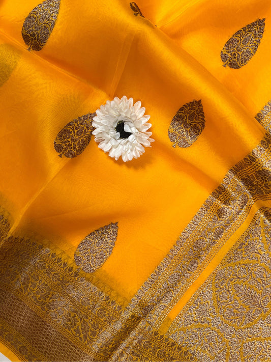 Mustard Yellow Kora Silk Saree Closeup View01