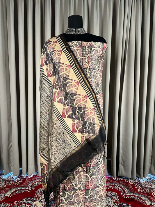 Teal Green Mul Chanderi Suit with floral and abstract hand block print closeup view 01