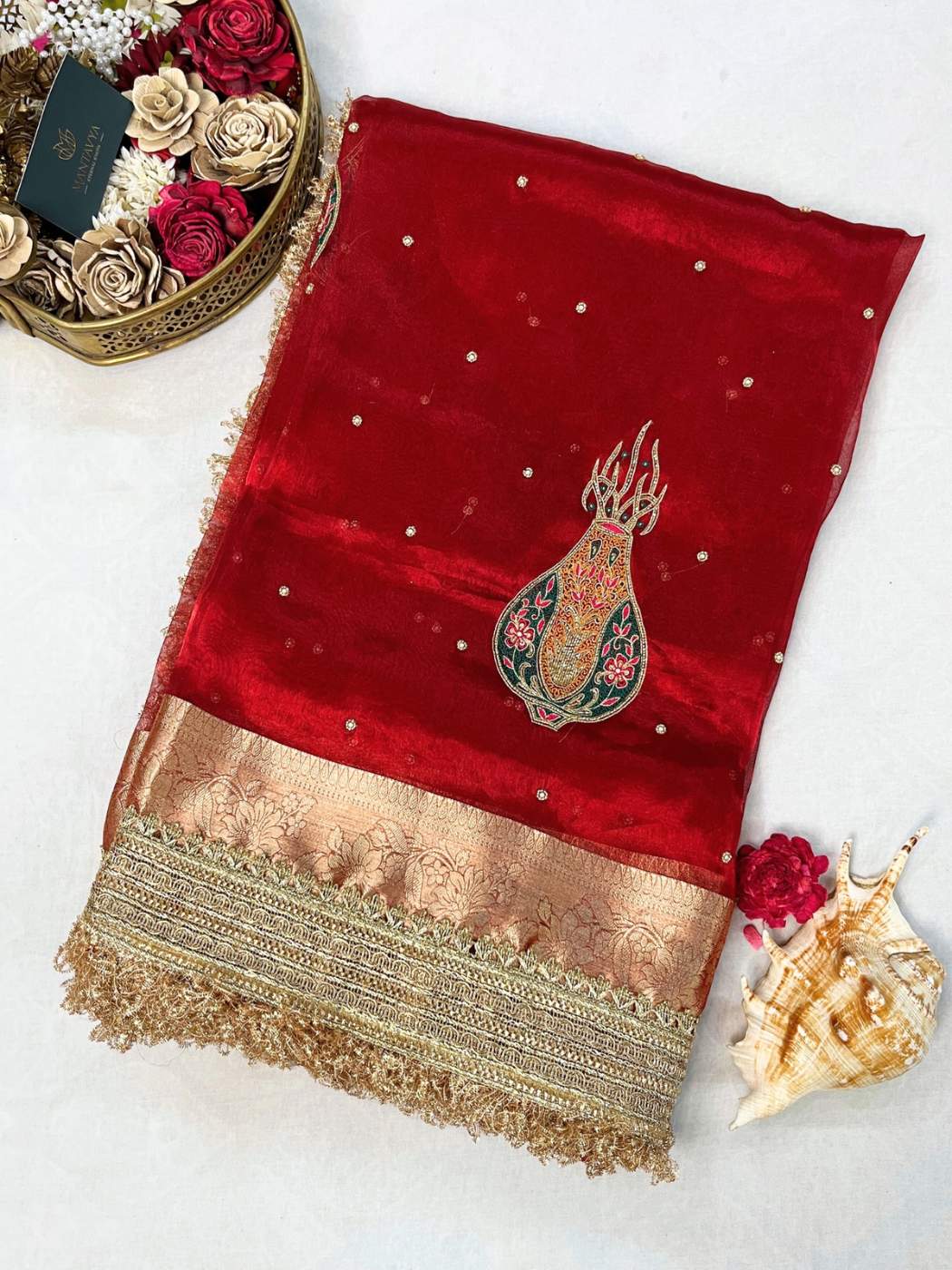 Red Banarasi Tissue Silk Saree with Matka Hand Embroidered Buta, Gota Patti Border, and Unstitched Brocade Blouse