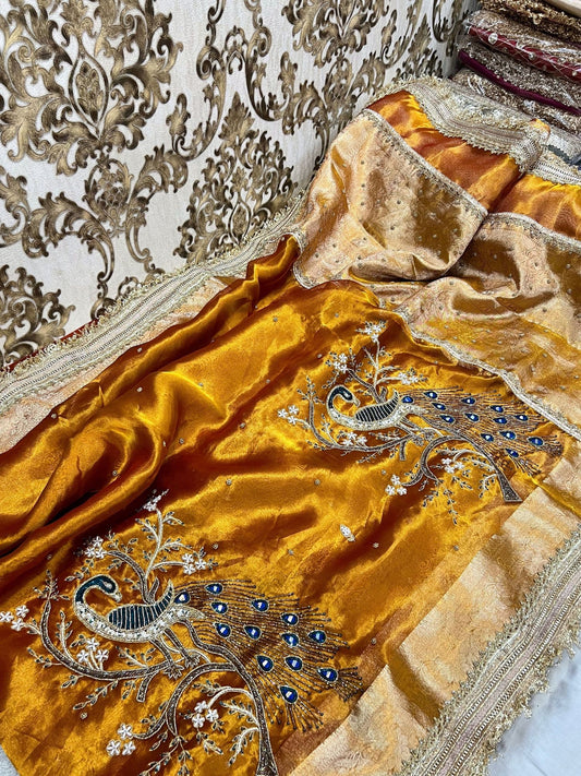 “Kanjivaram Gold Morni silk saree with elegant zari work”