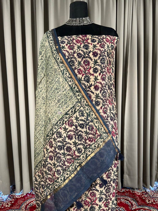 Navy Blue Mul Chanderi suit with floral block print Closeup view