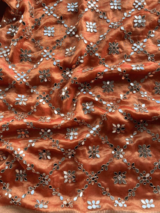 Orange Tissue Silk Saree - Aaina Close up View
